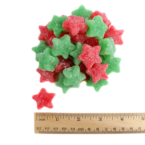 Red and Green Sour Jelly Stars, star-shaped holiday candy, sparkling sugar coating.