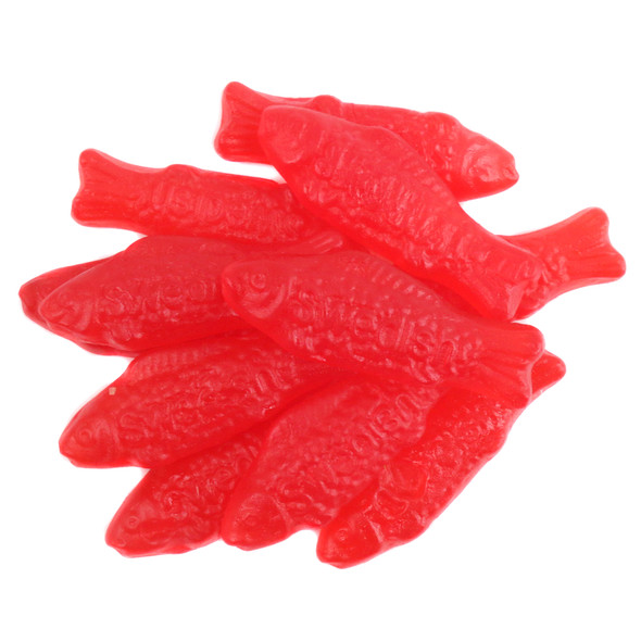 Vibrant red Swedish Fish, chewy cherry flavored candy. Approximately 55 fish-shaped pieces per pound.