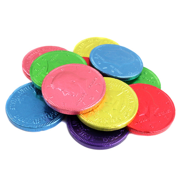 Vibrant rainbow foil milk chocolate coins, 1.5 inch, 80 per lb, depicting US half dollar.