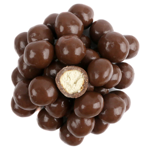Pile of brown milk chocolate coated pretzel balls, crunchy, bite-sized, sweet and salty, approx. 250 per pound.