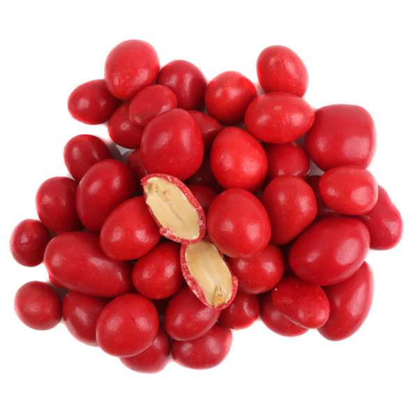Sconza Boston Baked Beans, vibrant red crunchy candy shells covering peanuts, approx 360 per pound, old-fashioned USA candy.