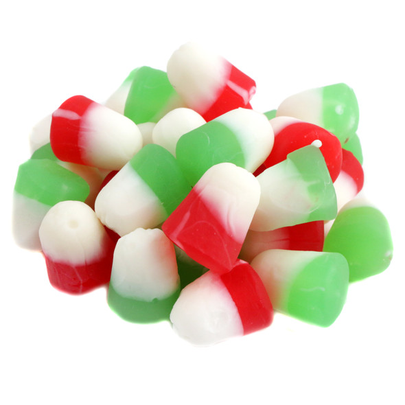 Christmas Juju Drops, red, green, white chewy candies with white tips, approx 100 per pound, fruity flavor.