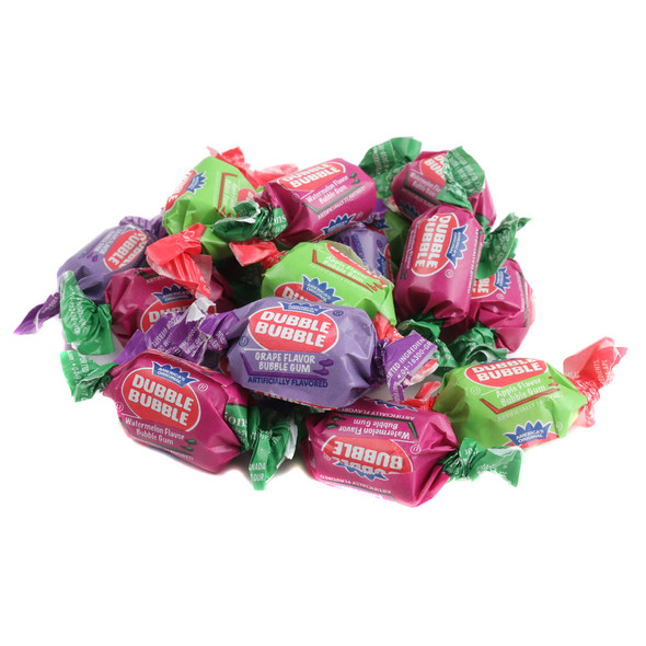 Dubble Bubble Assorted Bulk, approximately 90 rainbow colored bubble gum pieces per pound.