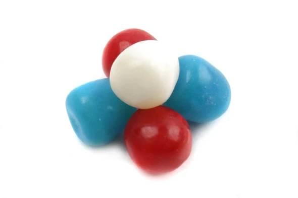 Red, White, Blue Chewy Sour Balls, cherry, pina colada, wild berry flavors. Patriotic USA candy, approx 95 per pound.