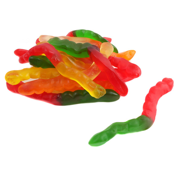 Albanese Gummy Worms, assorted fruit flavors: apple, cherry, orange, watermelon, pineapple, lemon. Vibrant 4 inch chewy candy.