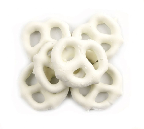 Crisp, salty white mini yogurt covered pretzels, sweet creamy coating, approximately 90 pieces per pound, bulk candy.