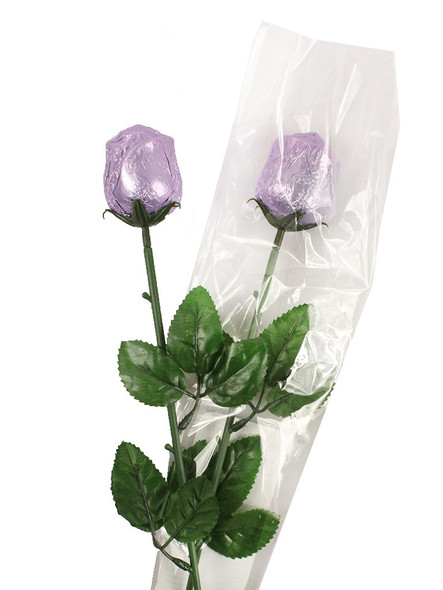 10 long-stemmed lavender foil-wrapped milk chocolate roses, elegant and romantic for gifting.