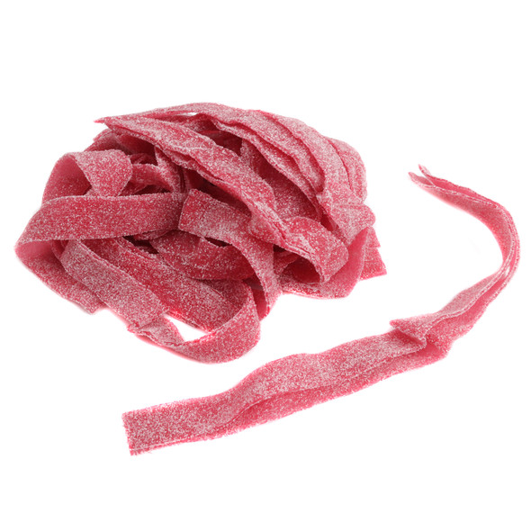 Bright red sour Wild Cherry Belts, 50 strips per pound, coated in sour sugar, ideal for candy buffets.