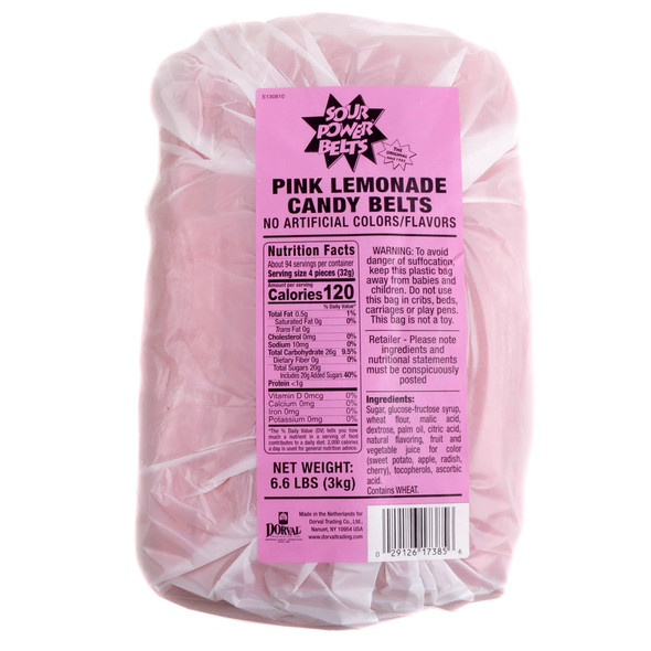 Vibrant pink lemonade sour belts, approx. 50 per pound. Long, 9'' gummy strips, sweet & tangy sour sugar coated.