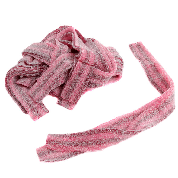 Pink and red striped Raspberry Cherry Sour Belts, 9 inches long. Sweet and tart candy, approx 50 belts per pound.