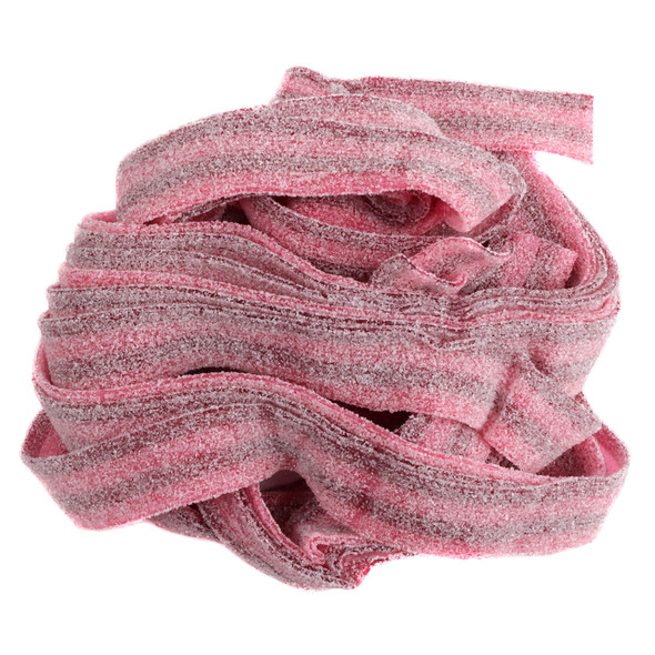 Pink and red striped Raspberry Cherry Sour Belts, 9 inches long, approximately 50 pieces per pound, sweet and tart.