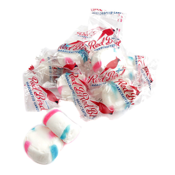 Red Bird Cotton Candy Puffs, vibrant pink & blue striped, melt-in-your-mouth, classic taste, approx 80 pieces per pound.