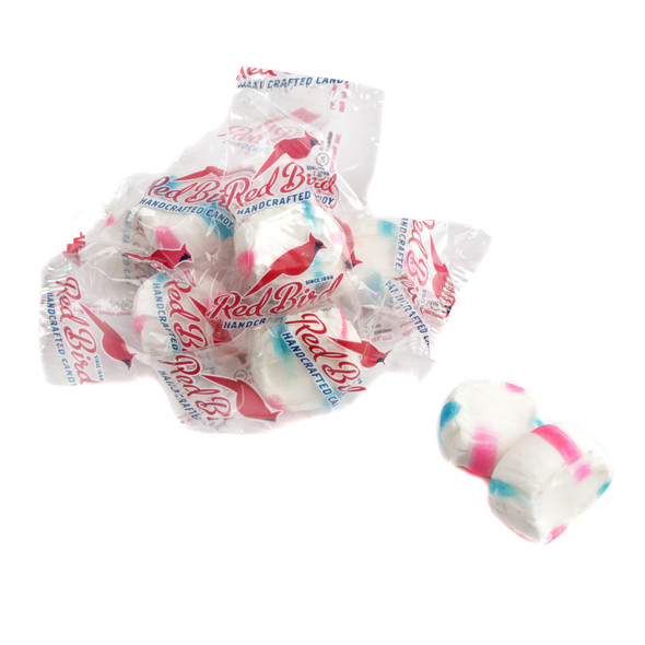 Red Bird Cotton Candy Puffs, vibrant pink and blue stripes, melt-in-your-mouth, 1 lb approx 80 pieces, USA made.