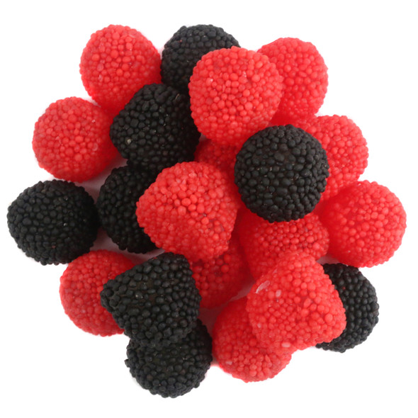 Gerrit Verburg brand red and black nonpareil-covered gummy berry candies.