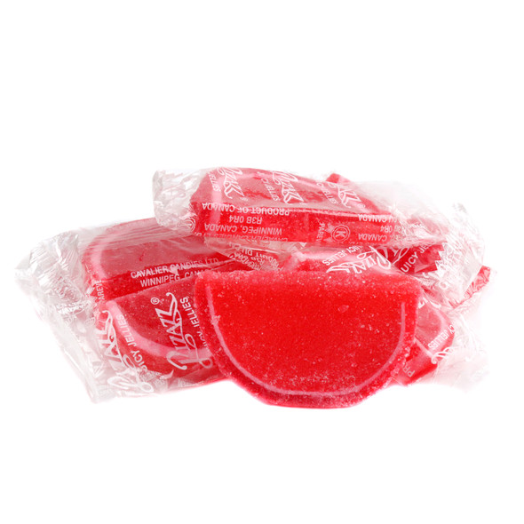 Vibrant red and white raspberry jelly fruit slices, sugar-coated, individually wrapped, approx. 32 slices per pound.