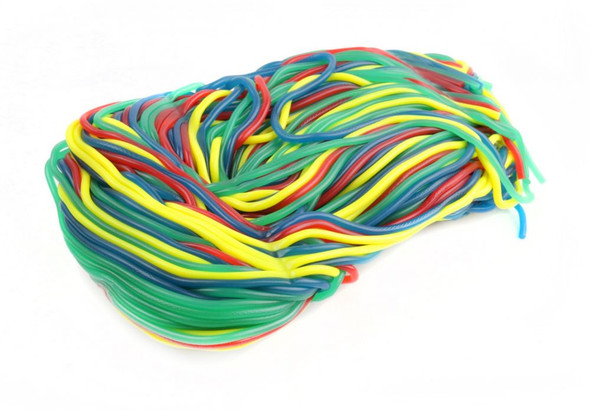 Rainbow shoestring licorice laces, 2 pounds, assorted red, green, yellow, blue fruit flavors, non-GMO candy.