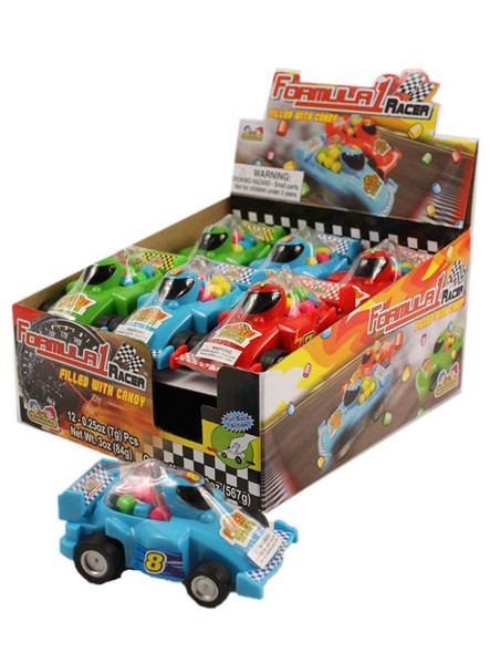 Assorted vibrant Formula 1 Race Car Candy, detailed pull-back cars filled with delicious sweets.