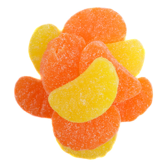Bulk vibrant orange, yellow lemon citrus jelly candy slices, sugar-dusted, chewy, juicy, USA made.