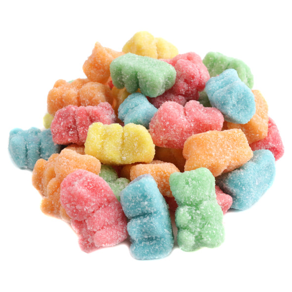 Vibrant rainbow Neon Sour Gummy Bears, sugar-coated, tart and sweet, approximately 97 pieces per pound.