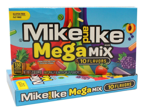 Mike and Ike Mega Mix 10 Flavors 12 Pack Theater Boxes, colorful rainbow chewy fruit candy assortment.