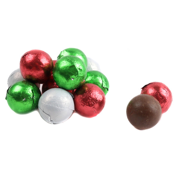 Christmas milk chocolate balls, 74 per pound, wrapped in red, white, green foil. 3/4 inch diameter.