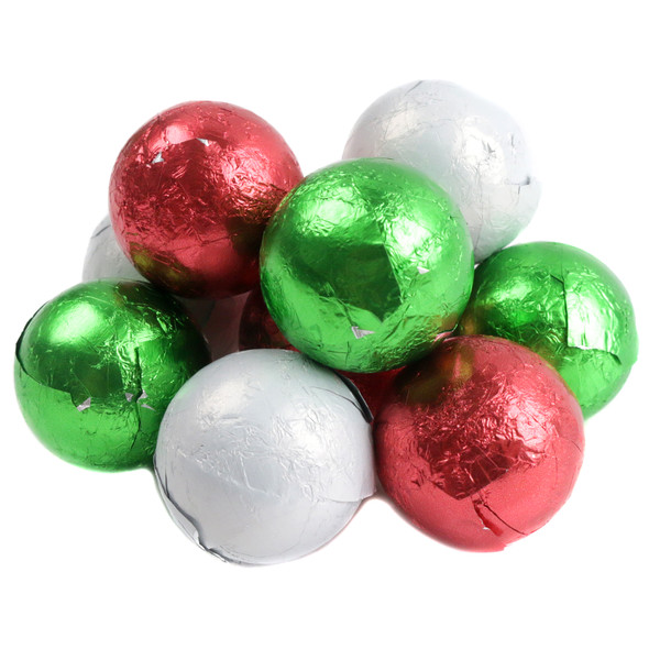 Festive red, white, green foil-wrapped milk chocolate Christmas balls, approx 74 per pound, 3/4 inch diameter.