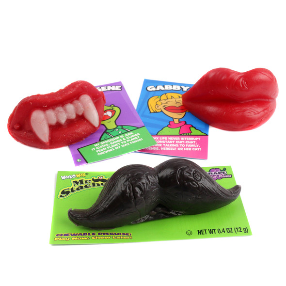 image of wax assortment of lips fangs mustached candy