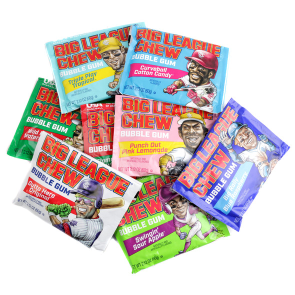 11 Big League Chew assorted bubble gum pouches. 2 Purple Grape, 2 Green Watermelon, 2 Original, plus pink, blue, red, yellow varieties.