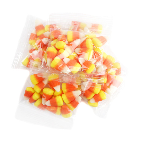 Bulk 1oz individually wrapped bags of vibrant yellow, orange, white candy corn, Made in USA, for Halloween.