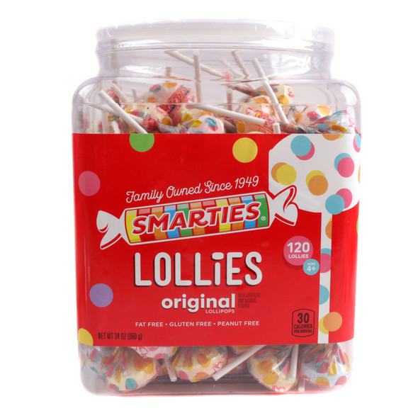 120 individually wrapped Smarties lollipops, pastel colored on sticks, classic candy flavor.