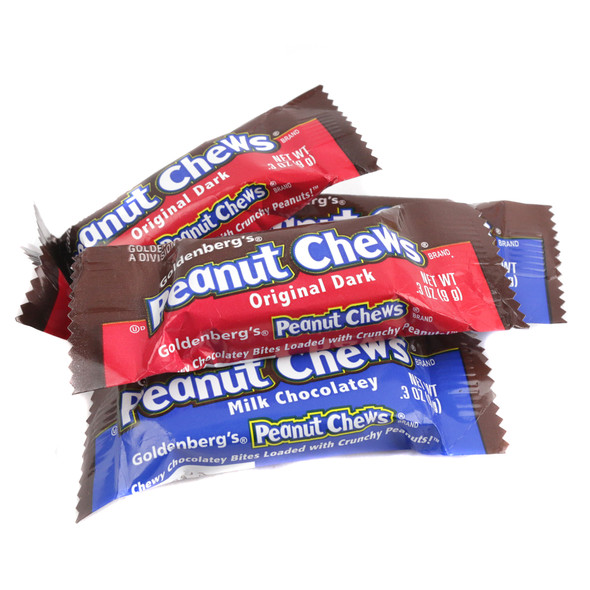 Goldenberg Peanut Chews. Brown milk & dark chocolate covered peanut & molasses candy, approx 50 pieces per pound.
