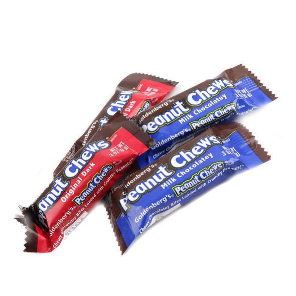 Goldenberg Peanut Chews, assorted milk & dark chocolate. Approx 50 chewy brown peanut candies per pound.
