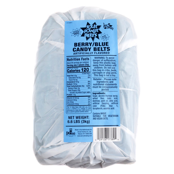 Dorval Berry Blue Sour Belts, blue raspberry flavor, with sour crystals. Approx 50 belts, each 9 inches long.