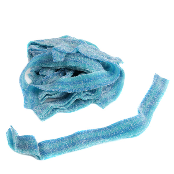 Dorval Berry Blue Sour Belts, blue raspberry flavor, covered in sour crystals, long 9-inch belts, approx 50 per pound.