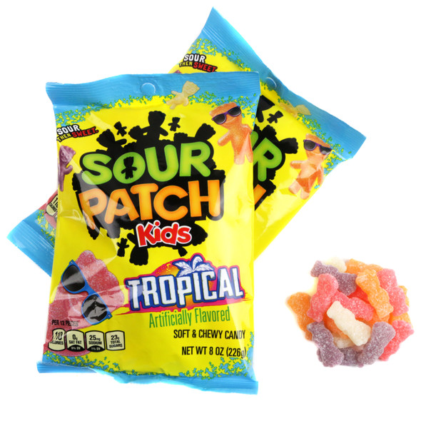 Sour Patch Kids Tropical 8oz bag. Colorful sour and sweet gummies in paradise punch, pineapple, passion fruit flavors.