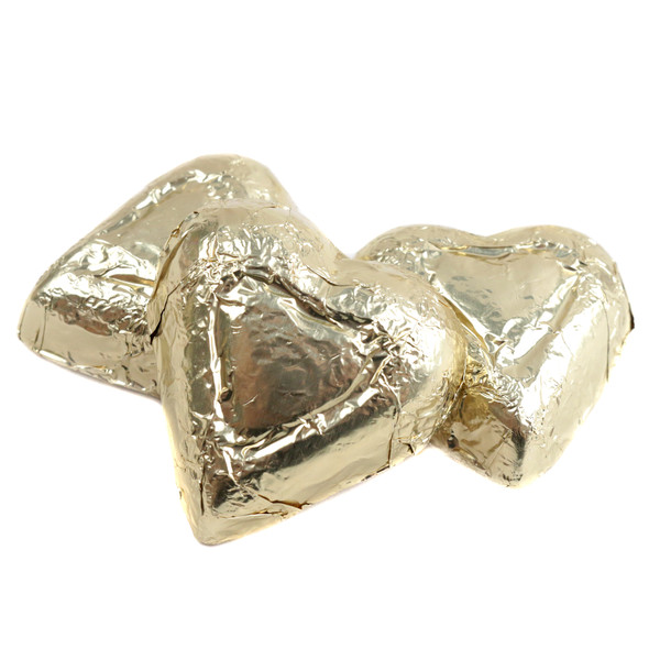 Gold foil wrapped mini milk chocolate hearts by Madelaine Chocolate, approx 55 per pound.