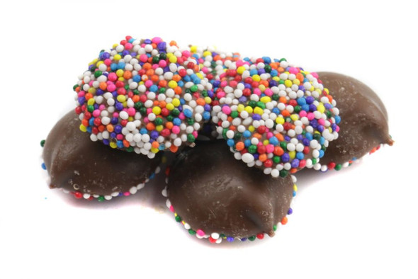 Ashers Milk Chocolate Petite Nonpareils, multi-color seeds, small, approx 180 per pound.