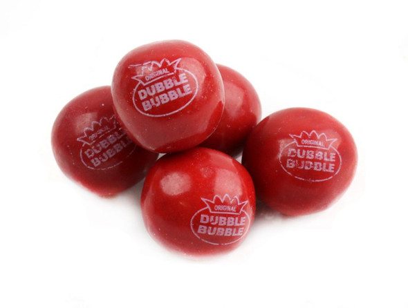 Dubble Bubble bright red cherry gumballs, 1-inch diameter, approx 50 per pound.