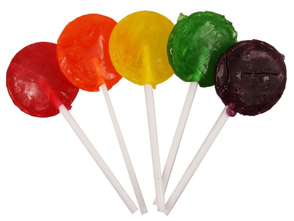 Colombina Assorted Lollipops, vibrant rainbow colors, cherry, grape, orange flavors, individually wrapped.