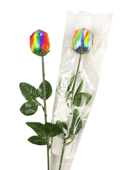 Alberts 10 piece Rainbow Milk Chocolate Roses, vibrant foil wrapped colorful candy treats.