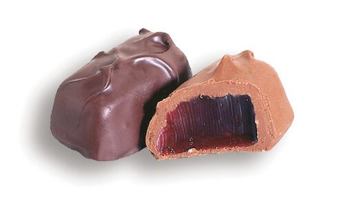 Ashers Sugar Free Milk Chocolate Raspberry Jelly Candy, rich brown pieces with red jelly filling, approx 30 per pound.