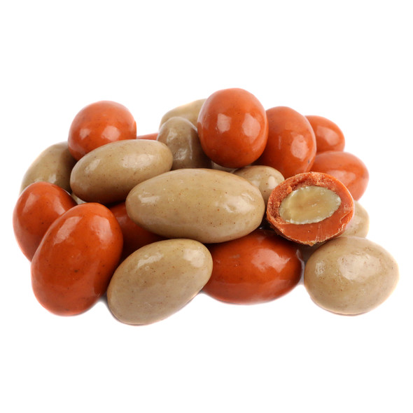 Orange and brown Sconza Pumpkin Pie Spice Almonds, white chocolate coated, approx. 80 pieces per pound.