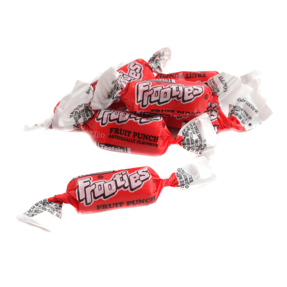 Bright red wrapped Tootsie Roll Fruit Punch Frooties, chewy candy with fruit punch flavor, approx. 140 pieces per pound.