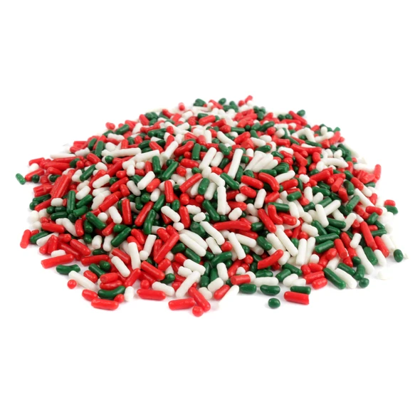 Red, white, and green Christmas sprinkles, candy decorettes, jimmies for festive baking treats.