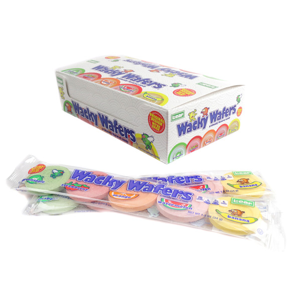 24 Wacky Wafers packs. Bright, coin-shaped fruit flavored wafers in red, yellow, green, pink, orange for retro candy fun.