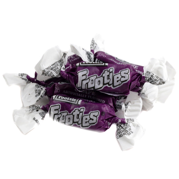 Purple Grape Frooties, chewy candy with vibrant purple wrappers, approximately 140 pieces per pound, by Tootsie Roll.