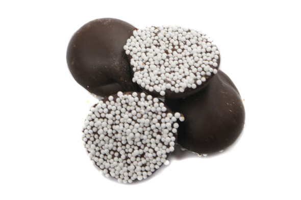 Ashers petite dark chocolate nonpareils, topped with many white seeds. Dime-sized, approx 180 pieces per pound, USA made.