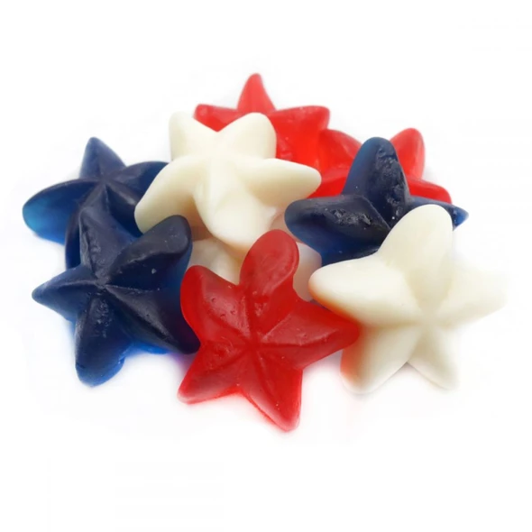 Red, white, and blue patriotic star gummy candy, chewy with sweet fruit flavors for 4th of July celebrations.