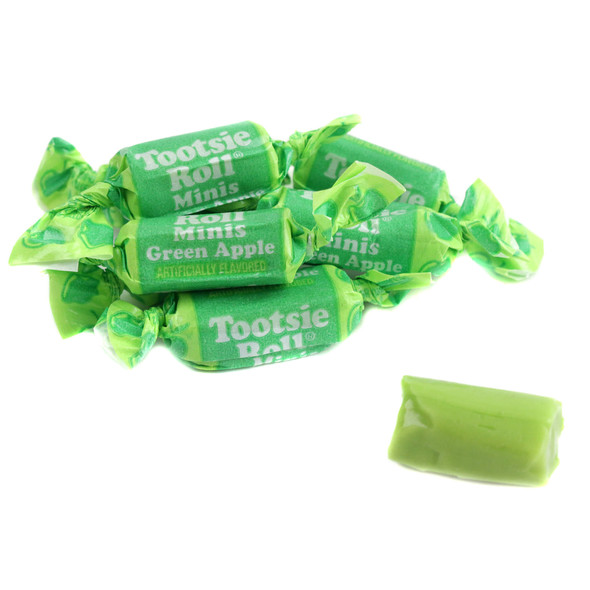 Approximately 140 bright green Tootsie Roll Green Apple Frooties chewy candies per pound.