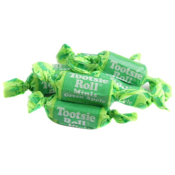 Vibrant green Tootsie Roll Green Apple Frooties, chewy candy, approximately 140 pieces per pound, perfect for St. Patrick's Day.